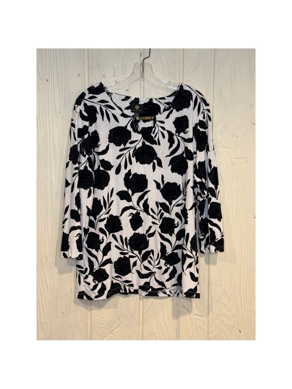 JM Collection Tunic Top XL White Black Floral Sequin